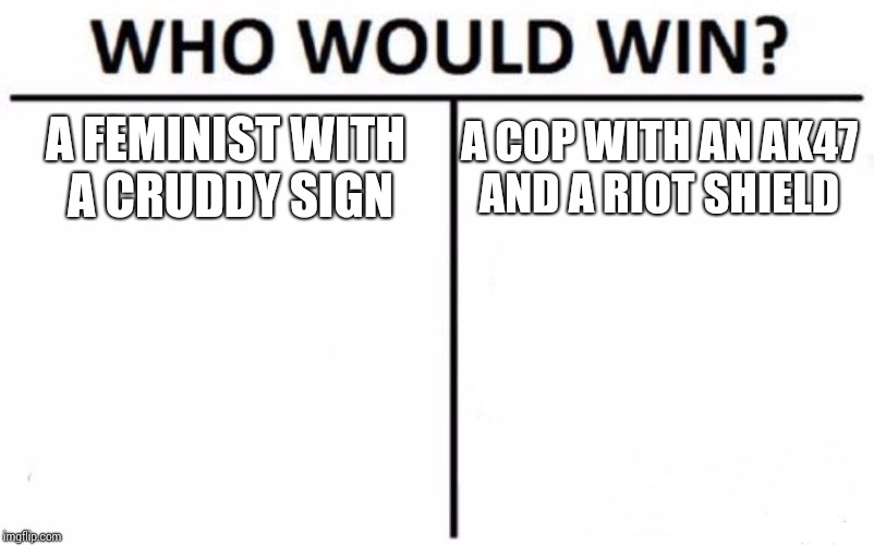 Who Would Win? Meme | A FEMINIST WITH A CRUDDY SIGN; A COP WITH AN AK47 AND A RIOT SHIELD | image tagged in memes,who would win | made w/ Imgflip meme maker