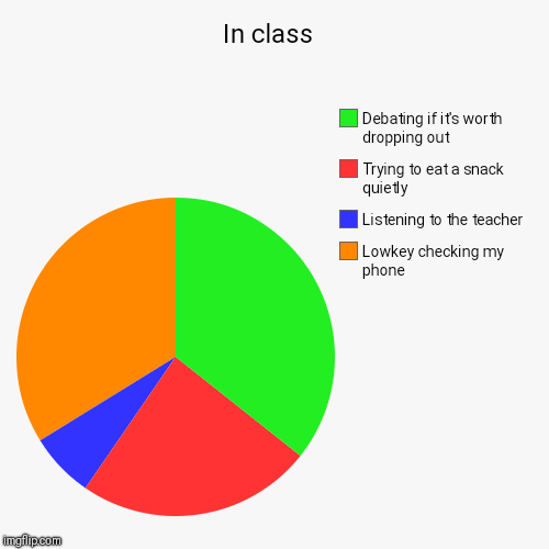 In class  | Lowkey checking my phone , Listening to the teacher , Trying to eat a snack quietly , Debating if it's worth dropping out | image tagged in funny,pie charts | made w/ Imgflip chart maker