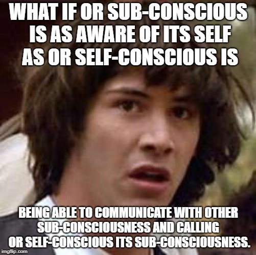 Conspiracy Keanu Meme | WHAT IF OR SUB-CONSCIOUS IS AS AWARE OF ITS SELF AS OR SELF-CONSCIOUS IS; BEING ABLE TO COMMUNICATE WITH OTHER SUB-CONSCIOUSNESS AND CALLING  OR SELF-CONSCIOUS ITS SUB-CONSCIOUSNESS. | image tagged in memes,conspiracy keanu | made w/ Imgflip meme maker