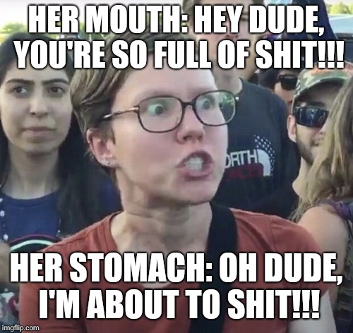 Brains vs. Bowels | HER MOUTH: HEY DUDE, YOU'RE SO FULL OF SHIT!!! HER STOMACH: OH DUDE, I'M ABOUT TO SHIT!!! | image tagged in triggered feminist | made w/ Imgflip meme maker