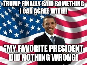 Obama | TRUMP FINALLY SAID SOMETHING I CAN AGREE WITH!! "MY FAVORITE PRESIDENT DID NOTHING WRONG! | image tagged in memes,obama | made w/ Imgflip meme maker