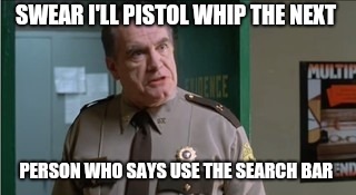 Pistol whip | SWEAR I'LL PISTOL WHIP THE NEXT; PERSON WHO SAYS USE THE SEARCH BAR | image tagged in pistol whip | made w/ Imgflip meme maker