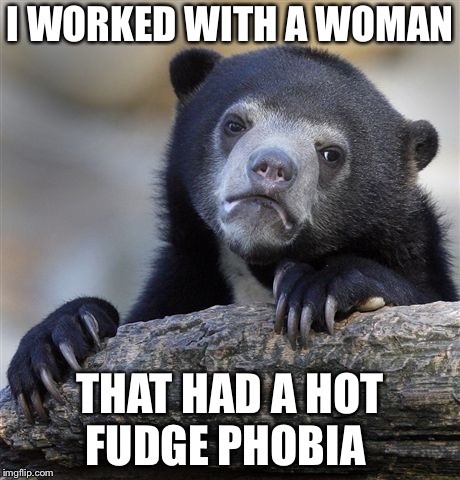 Confession Bear Meme | I WORKED WITH A WOMAN; THAT HAD A HOT FUDGE PHOBIA | image tagged in memes,confession bear | made w/ Imgflip meme maker