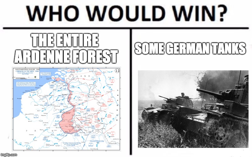 WWII Meme | THE ENTIRE ARDENNE FOREST; SOME GERMAN TANKS | image tagged in memes,who would win,wwii,tanks,germany,france | made w/ Imgflip meme maker