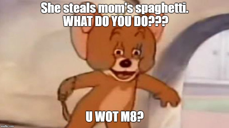 Tom and Jerry | She steals mom's spaghetti. WHAT DO YOU DO??? U WOT M8? | image tagged in tom and jerry | made w/ Imgflip meme maker