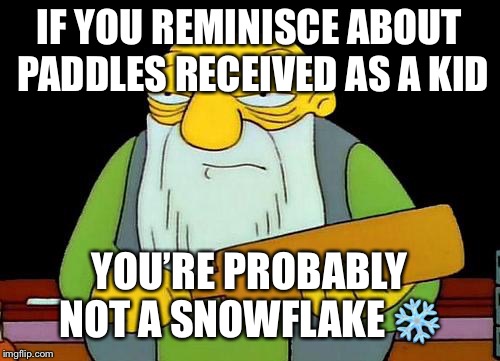 You’re probably not a snowflake ❄️  | IF YOU REMINISCE ABOUT PADDLES RECEIVED AS A KID; YOU’RE PROBABLY NOT A SNOWFLAKE ❄️ | image tagged in memes,that's a paddlin',snowflake,paddle | made w/ Imgflip meme maker