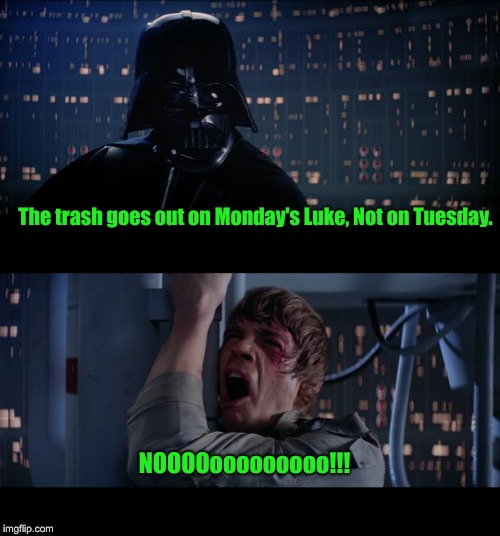Star Wars No Meme | The trash goes out on Monday's Luke, Not on Tuesday. NOOOOooooooooo!!! | image tagged in memes,star wars no | made w/ Imgflip meme maker