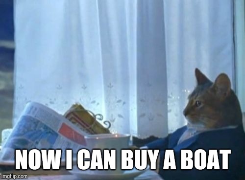 I Should Buy A Boat Cat Meme | NOW I CAN BUY A BOAT | image tagged in memes,i should buy a boat cat | made w/ Imgflip meme maker