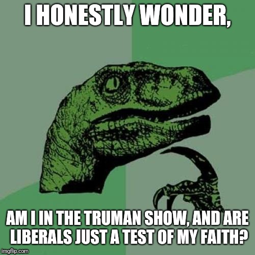 I'm not kidding. | I HONESTLY WONDER, AM I IN THE TRUMAN SHOW, AND ARE LIBERALS JUST A TEST OF MY FAITH? | image tagged in memes,philosoraptor,liberals,truman show | made w/ Imgflip meme maker