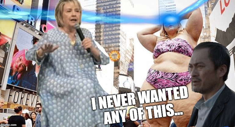 Let shoop fight | I NEVER WANTED ANY OF THIS... | image tagged in hillary,body positive,kaiju,godzilla references,sigh | made w/ Imgflip meme maker