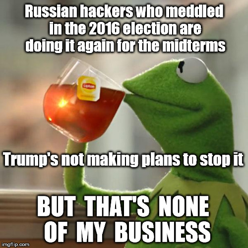 What collusion? | Russian hackers who meddled in the 2016 election are doing it again for the midterms; Trump's not making plans to stop it; BUT  THAT'S  NONE  OF  MY  BUSINESS | image tagged in but thats none of my business,kermit the frog,kermit trump,trump kermit,trump supporters,donald trump | made w/ Imgflip meme maker