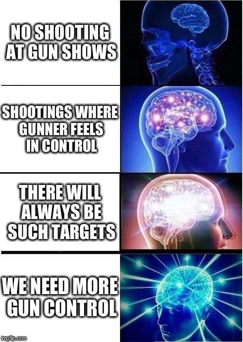 Expanding Brain | NO SHOOTING AT GUN SHOWS; SHOOTINGS WHERE GUNNER FEELS IN CONTROL; THERE WILL ALWAYS BE SUCH TARGETS; WE NEED MORE GUN CONTROL | image tagged in memes,expanding brain | made w/ Imgflip meme maker