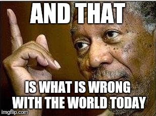 Morgan Freeman | AND THAT IS WHAT IS WRONG WITH THE WORLD TODAY | image tagged in morgan freeman | made w/ Imgflip meme maker
