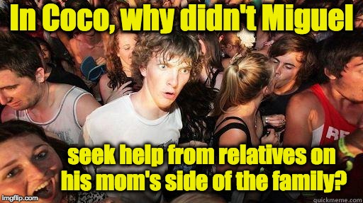 Sudden Realization | In Coco, why didn't Miguel; seek help from relatives on his mom's side of the family? | image tagged in sudden realization,coco | made w/ Imgflip meme maker