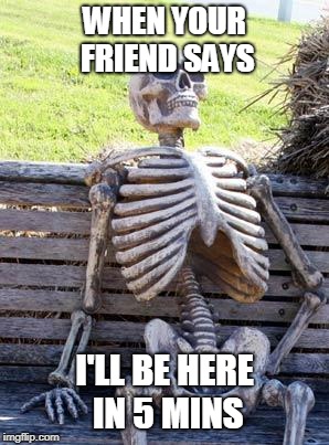 Waiting Skeleton Meme | WHEN YOUR FRIEND SAYS; I'LL BE HERE IN 5 MINS | image tagged in memes,waiting skeleton | made w/ Imgflip meme maker