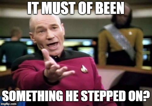 Picard Wtf Meme | IT MUST OF BEEN SOMETHING HE STEPPED ON? | image tagged in memes,picard wtf | made w/ Imgflip meme maker