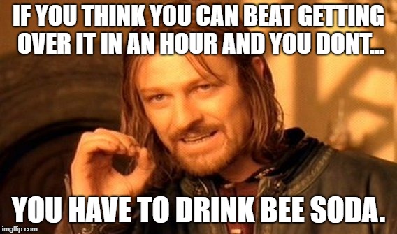 One Does Not Simply Meme | IF YOU THINK YOU CAN BEAT GETTING OVER IT IN AN HOUR AND YOU DONT... YOU HAVE TO DRINK BEE SODA. | image tagged in memes,one does not simply | made w/ Imgflip meme maker