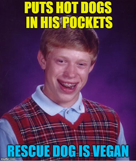 Bad Luck Brian Meme | PUTS HOT DOGS IN HIS POCKETS RESCUE DOG IS VEGAN | image tagged in memes,bad luck brian | made w/ Imgflip meme maker