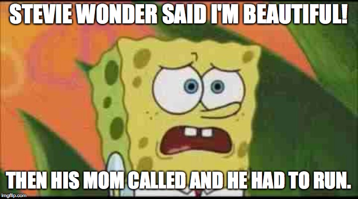 Isn't I lovely? | STEVIE WONDER SAID I'M BEAUTIFUL! THEN HIS MOM CALLED AND HE HAD TO RUN. | image tagged in spongebob ugly and proud,memes,stevie wonder | made w/ Imgflip meme maker