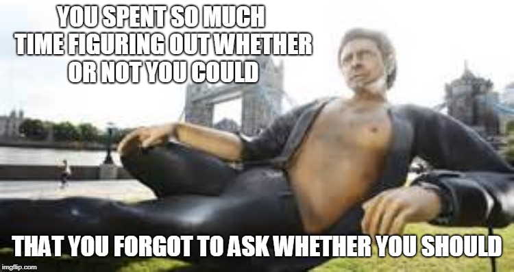 YOU SPENT SO MUCH TIME FIGURING OUT WHETHER OR NOT YOU COULD THAT YOU FORGOT TO ASK WHETHER YOU SHOULD | made w/ Imgflip meme maker
