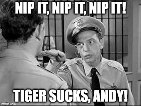 Barney Fife Hates Tiger |  NIP IT, NIP IT, NIP IT! TIGER SUCKS, ANDY! | image tagged in tiger,tiger woods,pga tour,golf,the open,barney fife | made w/ Imgflip meme maker