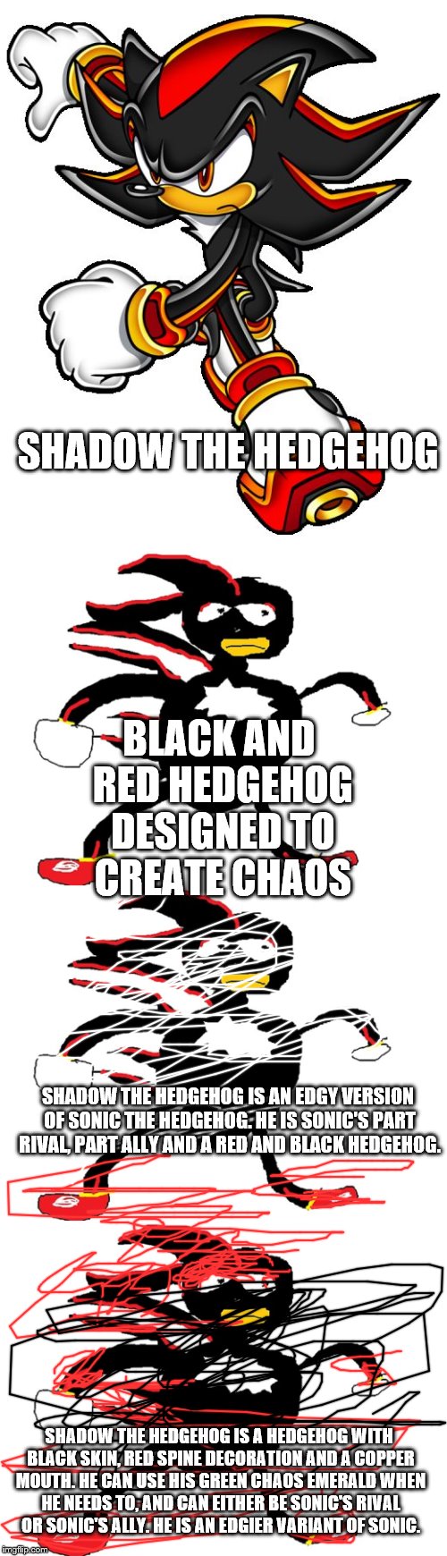 Better Information, Worse Drawing | SHADOW THE HEDGEHOG; BLACK AND RED HEDGEHOG DESIGNED TO CREATE CHAOS; SHADOW THE HEDGEHOG IS AN EDGY VERSION OF SONIC THE HEDGEHOG. HE IS SONIC'S PART RIVAL, PART ALLY AND A RED AND BLACK HEDGEHOG. SHADOW THE HEDGEHOG IS A HEDGEHOG WITH BLACK SKIN, RED SPINE DECORATION AND A COPPER MOUTH. HE CAN USE HIS GREEN CHAOS EMERALD WHEN HE NEEDS TO, AND CAN EITHER BE SONIC'S RIVAL OR SONIC'S ALLY. HE IS AN EDGIER VARIANT OF SONIC. | image tagged in shadow the hedgehog,shadew,sanic,drawings,information,memes | made w/ Imgflip meme maker
