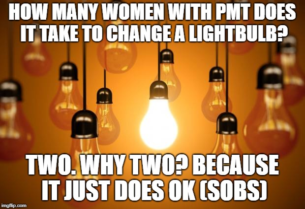 lightbulbs | HOW MANY WOMEN WITH PMT DOES IT TAKE TO CHANGE A LIGHTBULB? TWO. WHY TWO? BECAUSE IT JUST DOES OK (SOBS) | image tagged in lightbulbs | made w/ Imgflip meme maker