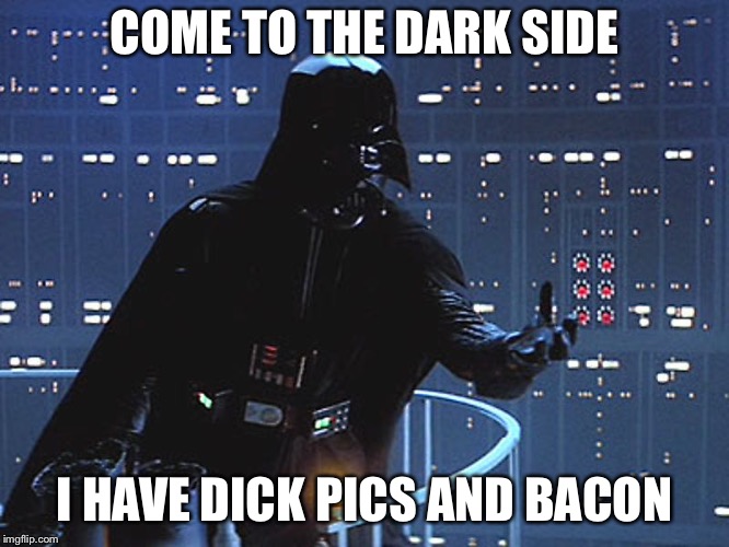 Darth Vader - Come to the Dark Side | COME TO THE DARK SIDE; I HAVE DICK PICS AND BACON | image tagged in darth vader - come to the dark side | made w/ Imgflip meme maker