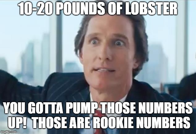Matthew Mconaughy Wolf of wall street | 10-20 POUNDS OF LOBSTER; YOU GOTTA PUMP THOSE NUMBERS UP!  THOSE ARE ROOKIE NUMBERS | image tagged in matthew mconaughy wolf of wall street | made w/ Imgflip meme maker