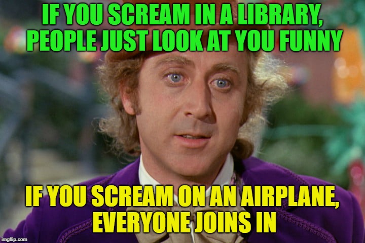 It's a Scream-along....... | IF YOU SCREAM IN A LIBRARY, PEOPLE JUST LOOK AT YOU FUNNY; IF YOU SCREAM ON AN AIRPLANE, EVERYONE JOINS IN | image tagged in memes,funny,screaming,reactions,airplane | made w/ Imgflip meme maker