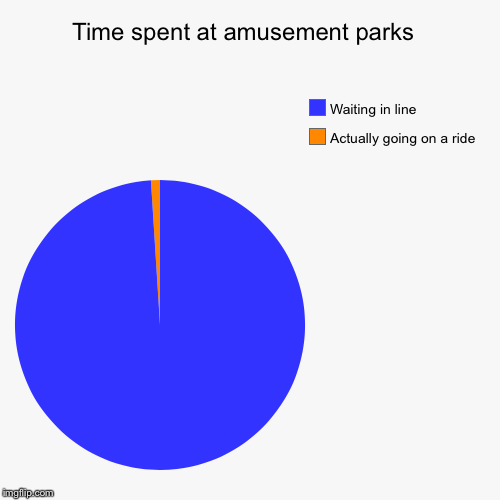 Time spent at amusement parks  | Actually going on a ride, Waiting in line | image tagged in funny,pie charts,amusement park | made w/ Imgflip chart maker