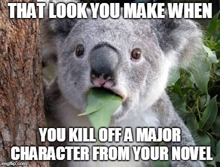 Stunned Koala | THAT LOOK YOU MAKE WHEN; YOU KILL OFF A MAJOR CHARACTER FROM YOUR NOVEL | image tagged in stunned koala | made w/ Imgflip meme maker