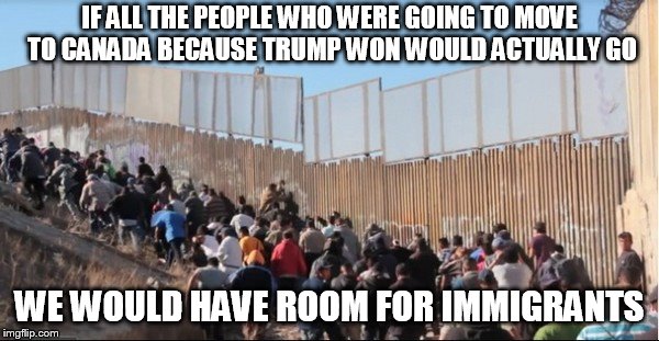 Leave | IF ALL THE PEOPLE WHO WERE GOING TO MOVE TO CANADA BECAUSE TRUMP WON WOULD ACTUALLY GO; WE WOULD HAVE ROOM FOR IMMIGRANTS | image tagged in illegal immigrants | made w/ Imgflip meme maker