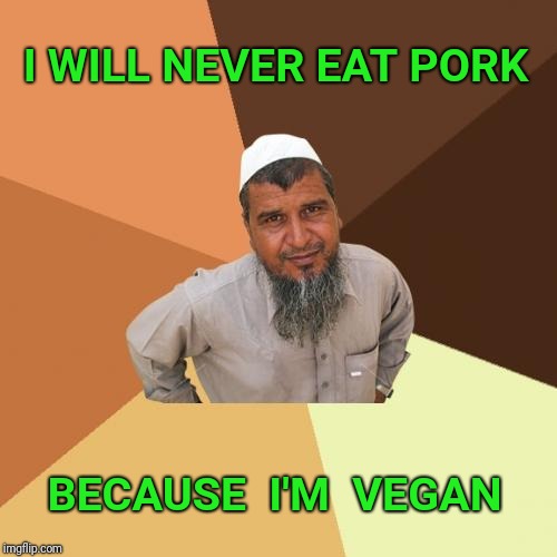 Tofu is always Halal. | I WILL NEVER EAT PORK; BECAUSE  I'M  VEGAN | image tagged in memes,ordinary muslim man,vegan,pork,diet | made w/ Imgflip meme maker