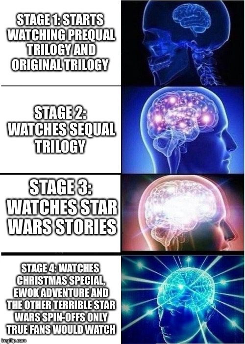 The Stages of Star Wars Fandom | STAGE 1: STARTS WATCHING PREQUAL TRILOGY AND ORIGINAL TRILOGY; STAGE 2: WATCHES SEQUAL TRILOGY; STAGE 3: WATCHES STAR WARS STORIES; STAGE 4: WATCHES CHRISTMAS SPECIAL, EWOK ADVENTURE AND THE OTHER TERRIBLE STAR WARS SPIN-OFFS ONLY TRUE FANS WOULD WATCH | image tagged in memes,expanding brain,star wars,fandom | made w/ Imgflip meme maker
