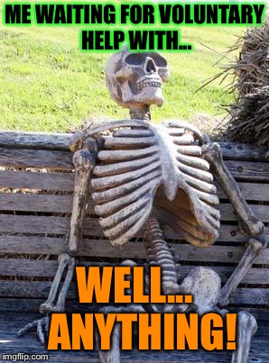 Waiting Skeleton | ME WAITING FOR VOLUNTARY HELP WITH... WELL...  ANYTHING! | image tagged in memes,waiting skeleton | made w/ Imgflip meme maker
