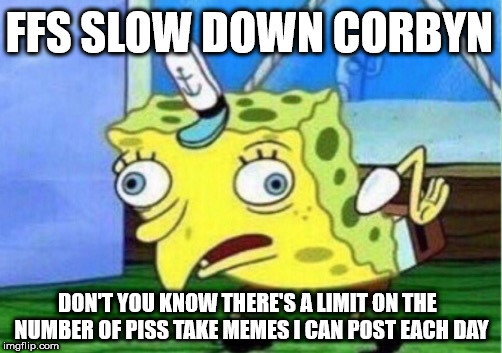 FFS slow down Corbyn | FFS SLOW DOWN CORBYN; DON'T YOU KNOW THERE'S A LIMIT ON THE  NUMBER OF PISS TAKE MEMES I CAN POST EACH DAY | image tagged in funny,corbyn eww,momentum students,wearecorbyn,labourisdead,cultofcorbyn | made w/ Imgflip meme maker