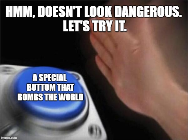 Hitting something on purpose in a nutshell. | HMM, DOESN'T LOOK DANGEROUS. LET'S TRY IT. A SPECIAL BUTTOM THAT BOMBS THE WORLD | image tagged in memes,blank nut button | made w/ Imgflip meme maker