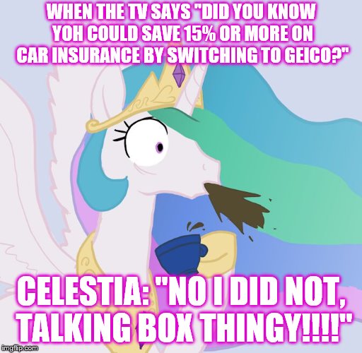 GEICO meets MLP | WHEN THE TV SAYS "DID YOU KNOW YOH COULD SAVE 15% OR MORE ON CAR INSURANCE BY SWITCHING TO GEICO?"; CELESTIA: "NO I DID NOT, TALKING BOX THINGY!!!!" | image tagged in my little pony,celestia,geico | made w/ Imgflip meme maker