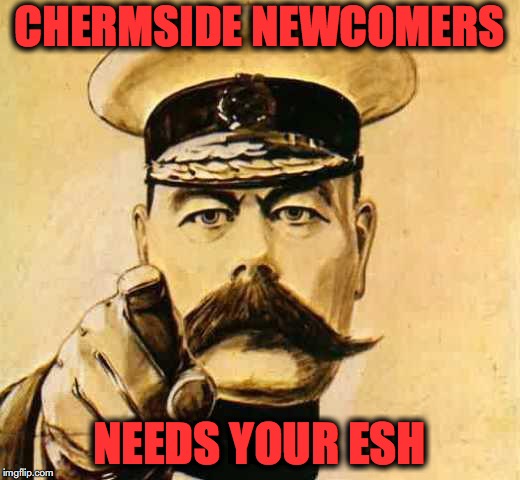 Your Country Needs YOU | CHERMSIDE NEWCOMERS; NEEDS YOUR ESH | image tagged in your country needs you | made w/ Imgflip meme maker