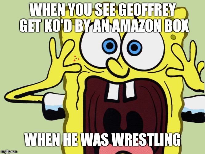 Geoffrey the giraffe did go wrestling | WHEN YOU SEE GEOFFREY GET KO'D BY AN AMAZON BOX; WHEN HE WAS WRESTLING | image tagged in screaming spongebob,geoffrey,toys r us,memes,amazon,spongebob | made w/ Imgflip meme maker
