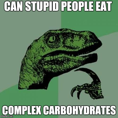 Philosoraptor Meme | CAN STUPID PEOPLE EAT; COMPLEX CARBOHYDRATES | image tagged in memes,philosoraptor | made w/ Imgflip meme maker