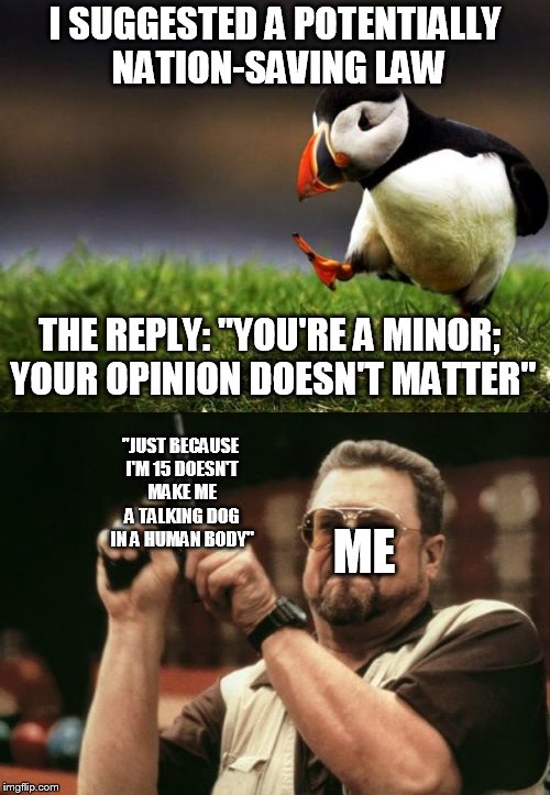 Upvote if you want minors to have more political rights and have their opinions heard!!!!! | I SUGGESTED A POTENTIALLY NATION-SAVING LAW; THE REPLY: "YOU'RE A MINOR; YOUR OPINION DOESN'T MATTER"; "JUST BECAUSE I'M 15 DOESN'T MAKE ME A TALKING DOG IN A HUMAN BODY"; ME | image tagged in unpopular opinion puffin,am i the only one around here,memes | made w/ Imgflip meme maker