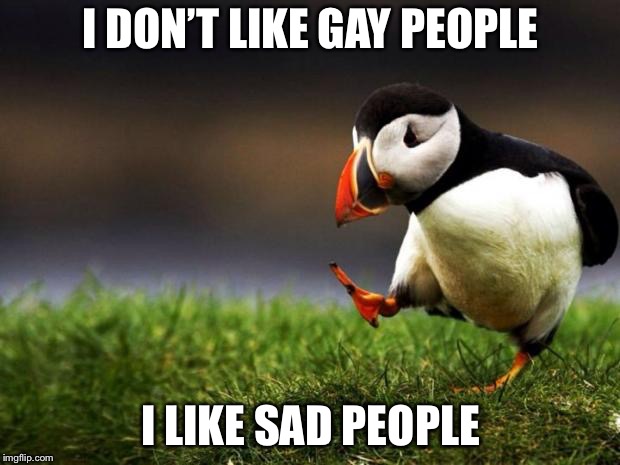 Unpopular Opinion Puffin | I DON’T LIKE GAY PEOPLE; I LIKE SAD PEOPLE | image tagged in memes,unpopular opinion puffin | made w/ Imgflip meme maker