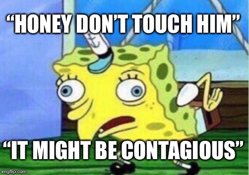 Mocking Spongebob | “HONEY DON’T TOUCH HIM”; “IT MIGHT BE CONTAGIOUS” | image tagged in memes,mocking spongebob | made w/ Imgflip meme maker