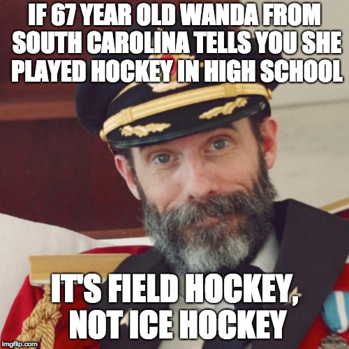 Canadian dad tries to tell nice lady at Disney that his daughters play hockey | IF 67 YEAR OLD WANDA FROM SOUTH CAROLINA TELLS YOU SHE PLAYED HOCKEY IN HIGH SCHOOL; IT'S FIELD HOCKEY, NOT ICE HOCKEY | image tagged in captain obvious,hockey | made w/ Imgflip meme maker