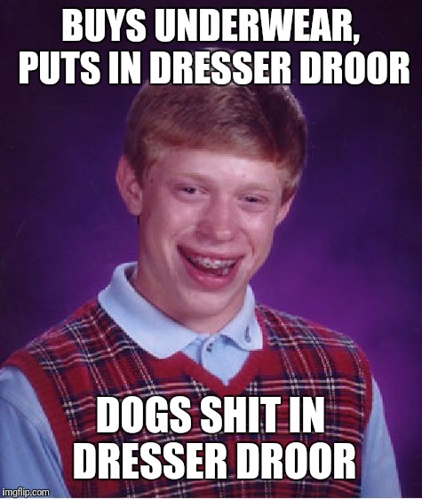 Bad Luck Brian Meme | BUYS UNDERWEAR, PUTS IN DRESSER DROOR DOGS SHIT IN DRESSER DROOR | image tagged in memes,bad luck brian | made w/ Imgflip meme maker