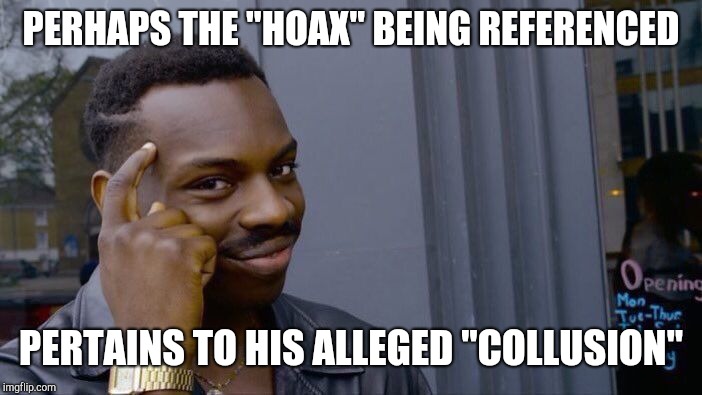 Roll Safe Think About It Meme | PERHAPS THE "HOAX" BEING REFERENCED PERTAINS TO HIS ALLEGED "COLLUSION" | image tagged in memes,roll safe think about it | made w/ Imgflip meme maker