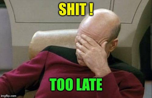 Captain Picard Facepalm Meme | SHIT ! TOO LATE | image tagged in memes,captain picard facepalm | made w/ Imgflip meme maker