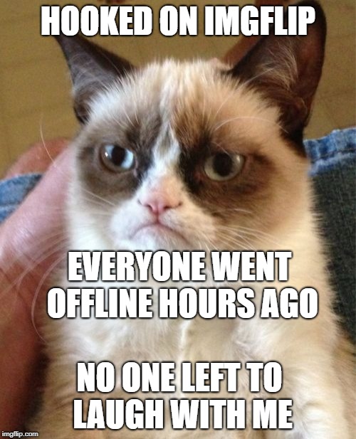 Imgflip virgin (that's me) | HOOKED ON IMGFLIP; EVERYONE WENT OFFLINE HOURS AGO; NO ONE LEFT TO LAUGH WITH ME | image tagged in memes,grumpy cat | made w/ Imgflip meme maker